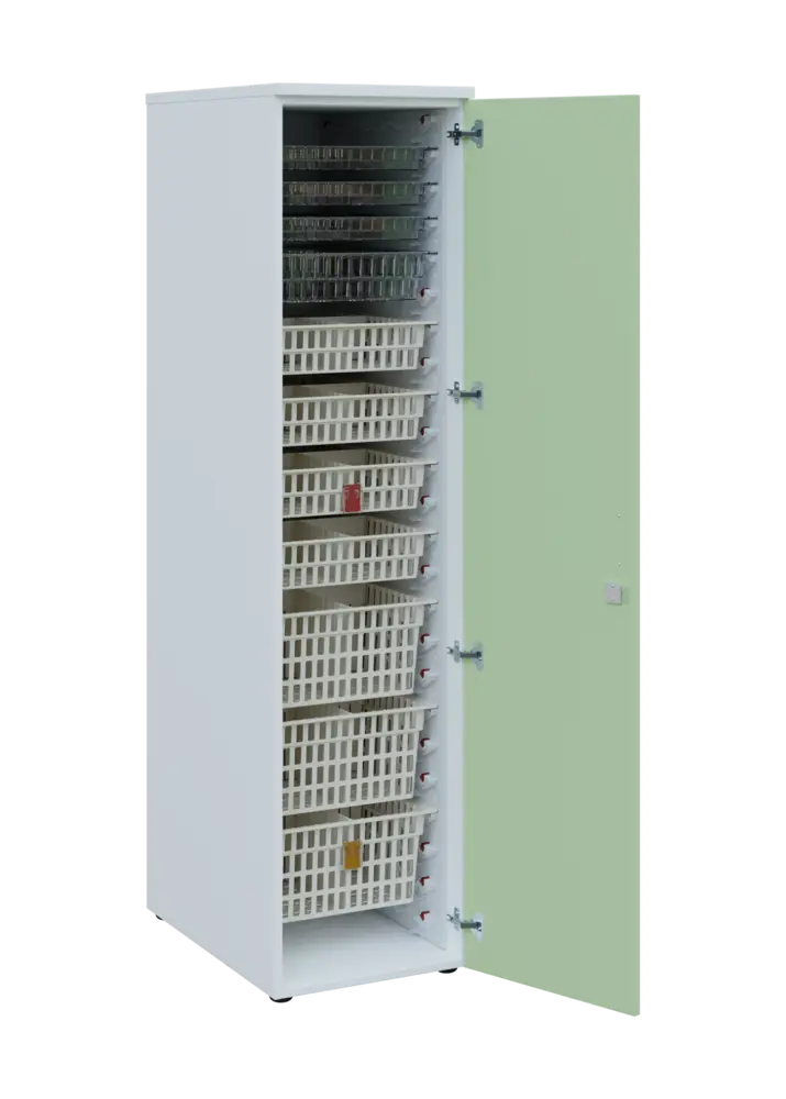 EUROMEDICA D - 46 skříň léková boxová, 1-dveřová, pravá, 1950x460x735, korpus bílý, dvířka šedo-zelinkavá